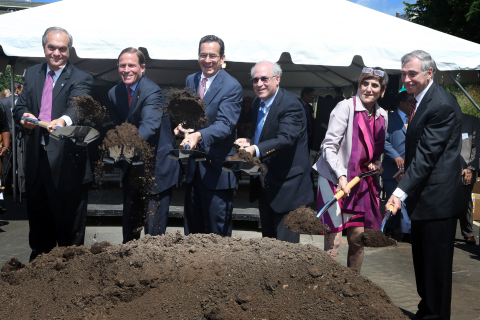 Coming home: Alexion Pharmaceuticals breaks ground on its new global headquarters in New Haven, expected to be completed in 2015. (L to R) New Haven Mayor John DeStefano, Sen. Richard Blumenthal, Governor Dan Malloy, Leonard Bell, MD, CEO of Alexion, Rep. Rosa DeLauro and Bruce Alexander, Yale University VP, New Haven and State Affairs. (Photo: Business Wire)