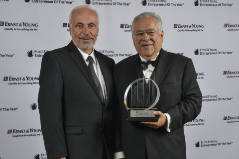 June 18, 2013 - Moctesuma Esparza, CEO, Maya Cinemas North America, Inc., receives Ernst & Young Entrepreneur Of The Year Award for the Media category and is pictured with Frank Haffar (on left), COO and President, Maya Cinemas North America, Inc. (Photo: Business Wire) 