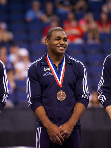 Team Hilton HHonors Member John Orozco is shown on the medals podium at the U.S. nationals after winning the 2012 U.S. all-around title. (Photo: USA Gymnastics)