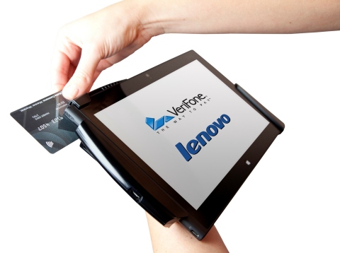 VeriFone and Lenovo introduced a versatile, enterprise-class, mobile point of sale (mPOS) platform to meet retail needs for a Windows-based system compatible with existing retail store systems. The platform integrates a ThinkPad(TM) Tablet 2 based on the Intel(R) Atom(TM) Z2760 processor with VeriFone's secure PAYware Mobile technology designed exclusively for the Lenovo tablet. (Photo: Business Wire)