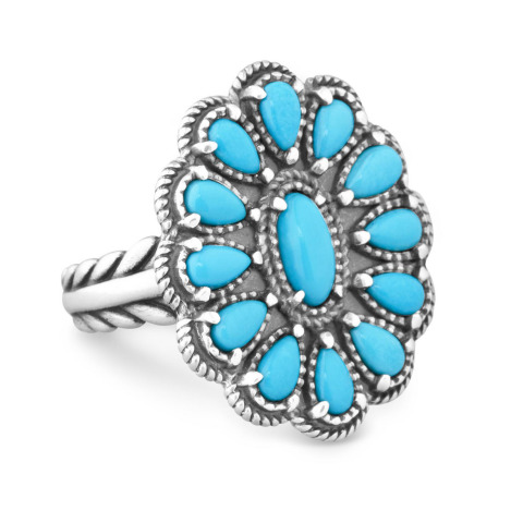 American West Jewelry is debuting a new American-made sterling silver jewelry collection on QVC on July 4th that features turquoise gemstones from the legendary Sleeping Beauty mine in Arizona. More than a dozen new jewelry styles will feature Sleeping Beauty turquoise, which is known for its exceptionally high quality and vibrant sky blue color. The centerpiece of the new line is a classic cluster ring with bezel set gemstones arranged in a beautiful floral pattern, a silhouette that originated with Zuni and Navajo jewelers. A popular jewelry and fashion trend, blue turquoise gemstones add a bold pop of color to any ensemble. (Photo: Business Wire)