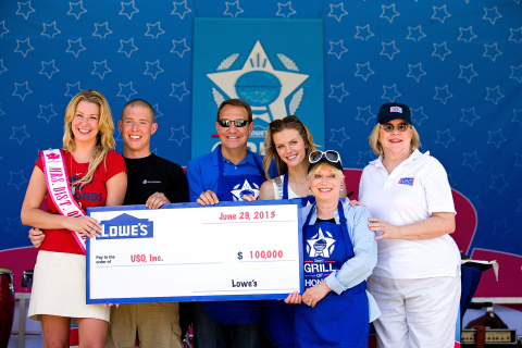 Lowe’s Tom Lamb presents the USO’s Elaine Rodgers and Cathy Martens with a $100,000 donation to the USO on behalf of the Marines. Lance Cpl. Noah Bratcher of the U.S. Marines and his wife Cassandra won Saturday’s grilling competition. (Photo: Business Wire)