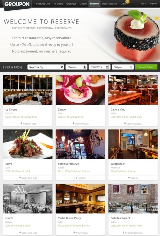 Groupon Reserve, the premiere destination for the finest things to eat, see, do and buy. Debuting on Reserve is Savored.com's reservations engine that lets customers book tables at some of the best restaurants in their city at discounts of up to 40 percent. (Photo: Business Wire) 