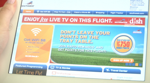 DISH and Southwest Airlines announced today "TV Flies Free" courtesy of DISH. The screenshot shows the in-flight TV experience aboard a Southwest flight July 1, 2013. (Graphic: Business Wire)