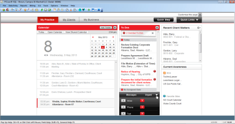 PCLaw 13's "My Practice" dashboard provides an at-a-glance summary of an attorney's calendar, his or her "to do" list, and most recent matters a given lawyer has worked. (Photo: Business Wire)