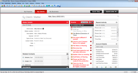PCLaw 13's "My Clients" dashboard delivers a snapshot view of the information related to a given client matter including contacts, documents, deadlines and client balances. (Photo: Business Wire)