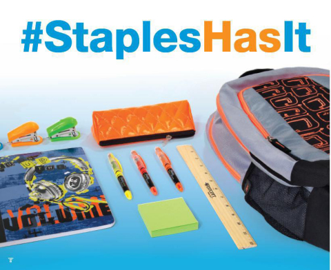For all the latest deals and promotions, back to school shoppers can follow #StaplesHasIt on Twitter and Facebook. (Graphic: Business Wire)