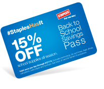 Staples announces the return of the popular Back-to-School Savings Pass, which provides customers a 15 percent discount on supplies. Available for purchase for $10 through Aug. 31, the savings pass is valid until Sept. 21, and can be used once a day. (Graphic: Business Wire)