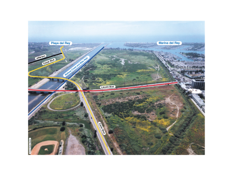 Photo of Ballona Wetlands looking from east to west with marked roadways prior to drainage device violation. (Graphic: Business Wire)