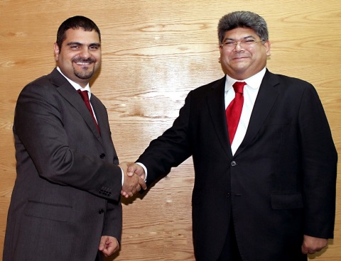 (From left) Mr. Farid Al-Sabbagh, Managing Director Fujitsu Middle East with Mr. Dilip Rahulan, Executive Chairman, Pacific Control Systems LLC (Photo: Business Wire) 