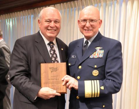 Undated photo of US Coast Guard Commandant Robert J. Papp, Jr. presenting AdvanFort President William H. Watson a plaque for service to the Amver program. (Photo: Business Wire)