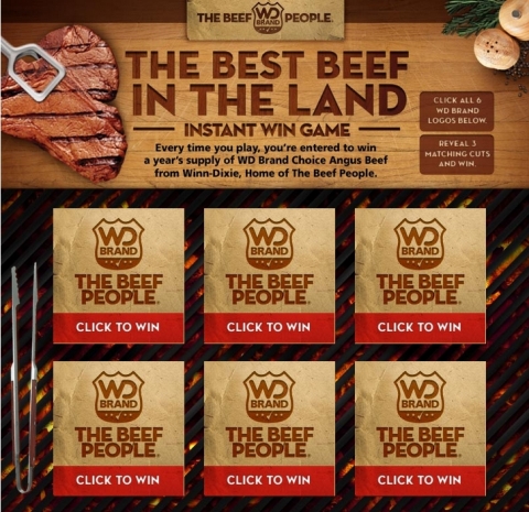 Winn-Dixie's Beef People social media game was is now available on mobile and tablet devices. "The Beef People - Best Beef in the Land Instant Win Game and Sweepstakes" debuted on the grocer's Facebook page in July. More than 46,000 played the game and one lucky South Florida winner won steak for a year. Winn-Dixie is running the game a second time during August, giving beef fans another shot at free steak. (Photo: Business Wire)