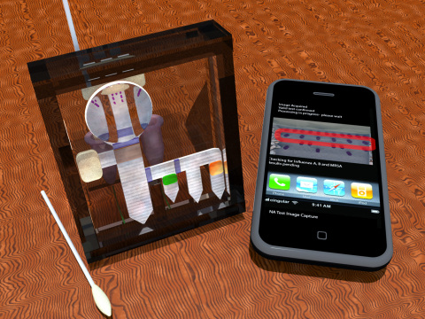 Early conceptual design showing the pieces necessary for a field-based diagnostic test, including a swab, a smartphone, and the testing device. (Courtesy: University of Washington, Department of Bioengineering)