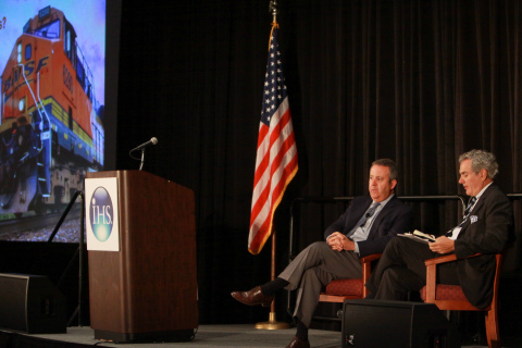 The 2013 Summer NAPE Business Conference Keynote Speaker Matt Rose, Chairman and CEO of BNSF Railroad, answers audience questions with moderator Bob Fryklund, Chief Upstream Strategist at IHS. This year's NAPE Business Conference, "Transforming the Energy Landscape," drew energy professionals from across the country to hear from key industry leaders at the George R. Brown Convention Center in Houston. The Expo portion of Summer NAPE is scheduled for Thursday, August 15, 8 a.m. - 5 p.m. and Friday, August 16, 8 a.m. - 1 p.m. and will feature producing properties and prospects from across the US, capital formation and services and technologies. More than 5,000 are expected to attend. (Photo: Business Wire)