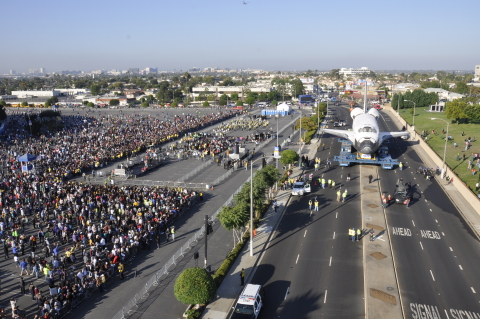 Space Shuttle Endeavour took a 12-mile, 68-hour journey through city streets from LAX to her final destination in the Samuel Oschin Pavilion at the California Science Center. (Photo courtesy of California Science Center. Photo credit: Dennis R. Jenkins.)