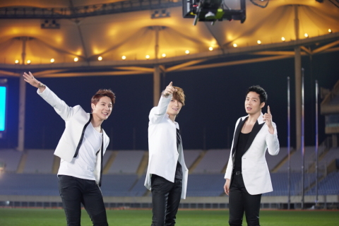 JYJ shooting the music video of Incheon Asiad Song ONLY ONE in Munhak stadium, Incheon. (Photo: Business Wire)