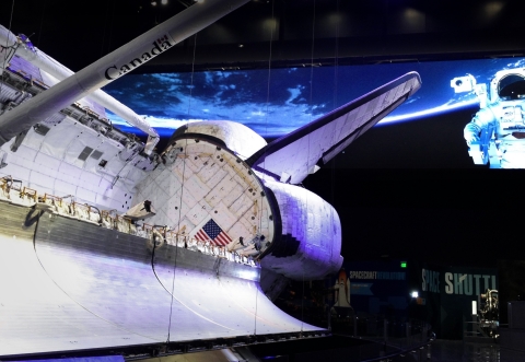 Delta's 20-foot tall, 110-foot wide LED display enables a high-resolution simulation of the Atlantis orbiting Earth. (Photo: Business Wire)