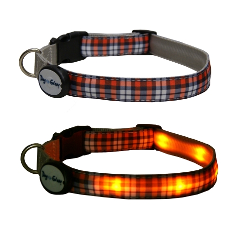 Dogs can go trick or treating and be safe with the new Top Paw Dog-e-Glow flashing LED collars from PetSmart. Available in Halloween plaid and with bones and skulls. (Photo: Business Wire)