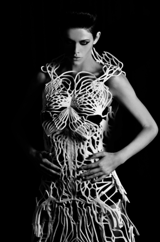 The Verlan Dress, created in the New Skins Workshop at Pratt Institute's DAHRC in conjunction with designer Francis Bitonti, was printed on a MakerBot® Replicator® 2 Desktop 3D Printer and used a new material by MakerBot called MakerBot Flexible Filament. The Verlan Dress may be downloaded and printed from Thingiverse.com. Photo credit: Christrini.