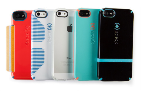 iPhone 5s cases from Speck. From left to right: CandyShell Card, CandyShell Grip, GemShell, CandyShell, and CandyShell Flip. (Photo: Business Wire)
