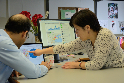 Tong Sun (right), who manages the Xerox Scalable Data Analytics Research Lab in Webster, NY, works with researcher Saurabh Kataria on a data analytics platform for social media that helps organizations respond faster to customer comments, and in a much more relevant way. (Photo: Peter Knausdorf, Xerox)