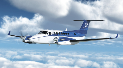 Happy Design Studio custom livery design for the fleet of Beechcraft King Air 350i aircraft that will be used for the Wheels Up membership program featuring a distinctive "UP" on the aircraft tail. (Photo: Business Wire)