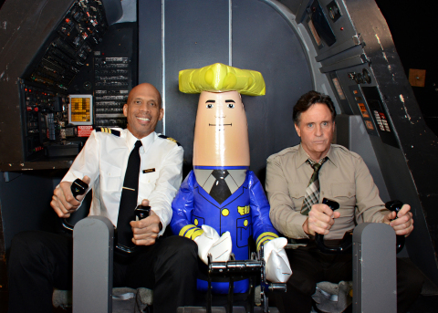 "Ted Striker" (Robert Hays), "Roger Murdock" (Kareem Abdul-Jabbar), and Otto Autopilot in the original Airplane! cockpit to shoot Wisconsin Tourism commercials in Los Angeles on September 19, 2013. (Photo: Business Wire)