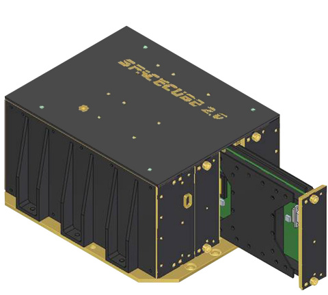 This illustration of NASA’s SpaceCube 2.0 Hybrid Science Data Processor (Flight Model) shows the slot for the processor card – featuring a Peregrine UltraCMOS® power management solution – that helps achieve a reduction in size and an order-of-magnitude increase in processing power over SpaceCube 1.0. Courtesy of NASA Goddard Space Flight Center. 