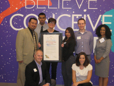 EY (formerly Ernst & Young) closed its Greater Los Angeles offices on Friday, Sept. 27, so its professionals could volunteer throughout the community. Pictured at the United Way and YWCA Job Corps project, back row: Carlos Gallardo (Jobs Corps), George Rodriguez (student), EY's Leslie Blair, Rosario Ballesteros (student), EY's Thomas Buchte and Alicia Robinson (YWCA). Front row: EY's Brian Slade and Jessica Yas (United Way). (Photo: Business Wire)