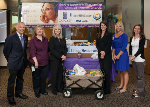 The Chico Chamber of Commerce, UnitedHealthcare and other local businesses are teaming up with Catalyst for a month-long education campaign and food drive to highlight October's National Domestic Violence Awareness Month and to support the nonprofit's shelter for victims of domestic violence. L to R: Chico Mayor Scott Gruendl; Julie Christenson, UnitedHealthcare employee and domestic violence survivor; Pam Jamian, site director, UnitedHealthcare Chico Operations Center; Anastacia Snyder, executive director, Catalyst Domestic Violence Services; Heather Ugie, member services manager, Chico Chamber; and Katie Simmons, president & CEO, Chico Chamber (Photo: Brian Peterson).