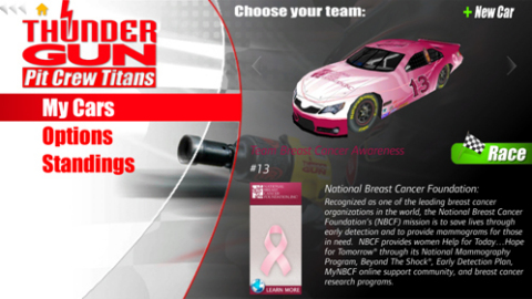 Ingersoll Rand’s Thunder Gun Pit Crew Titans mobile app, which allows users to experience a virtual racing pit stop and compete against their friends, features the “Team Breast Cancer Awareness” pink car throughout the month of October. (Graphic: Business Wire)