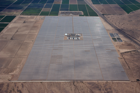 The Solana Generating Station, located near Gila Bend, Ariz., has successfully passed final production tests and entered commercial operation. At 280 megawatts, Solana is the world's largest parabolic trough plant and the first solar plant in the United States with thermal energy storage allowing for electricity to be produced at night. Unlike other solar-powered electrical plants, Solana produces electricity at full capacity for up to six hours after sunset, using Concentrating Solar Power (CSP) technology with solar thermal storage. Arizona Public Service (APS) will purchase the full output from Solana for its customers, adding to the company's already substantial solar portfolio. This is Abengoa's first utility-scale solar plant in the country to begin operation. (Photo: Business Wire)