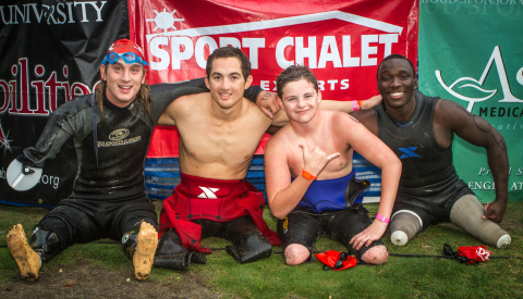 Cameron Clapp, Rudy Garcia-Tolson, Jake Frank and Roderick Sewell at the swim exit of CAF's Aspen Medical Products San Diego Triathlon Challenge (Photo: Business Wire)