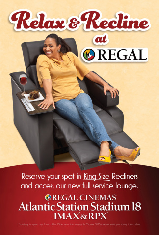The expansion of an Atlanta theatre includes King Size Recliners and a full-service lounge. Guests are invited to relax and recline at Regal Atlantic Station Stadium 18 IMAX & RPX. Image Source: Regal Entertainment Group