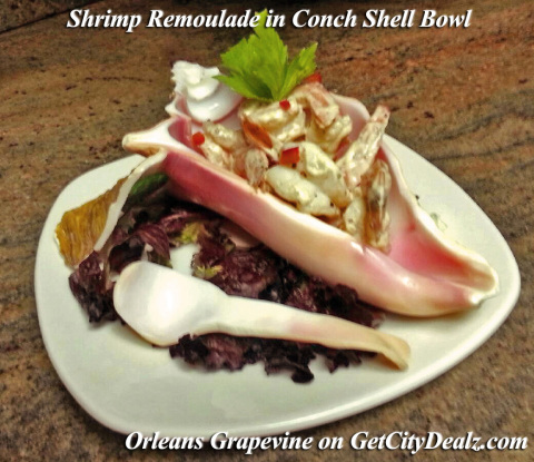 Orleans Grapevine is utilizing Get City Dealz to promote a Shrimp Remoulade served in a beautifully hand carved Conch Shell from Belize. (Photo: Business Wire)