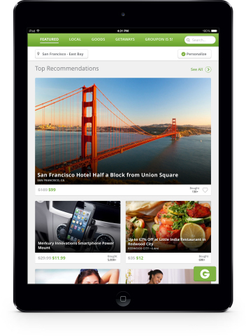 The more personalized and searchable shopping experience of the Groupon website also extends to its iPhone, Android and iPad apps. The popular Groupon apps have been downloaded by more than 50 million people in 43 countries worldwide. (Photo: Business Wire)