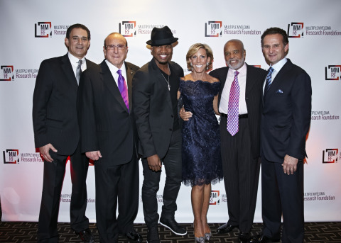 Michael Reinert, Clive J. Davis, NE-YO, Kathy Giusti, Berry Gordy and Charles Goldstuck celebrate at the 2013 Multiple Myeloma Research Foundation (MMRF) Fall Gala. (Photo: Business Wire)