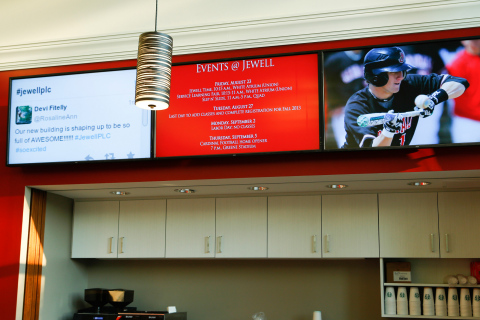 Every space in the Pryor Learning Commons is designed to promote collaboration and communication -- even the cafe. Three screens above the cafe share upcoming events and display William Jewell-related tweets via a Twitter feed. (Photo: Business Wire)