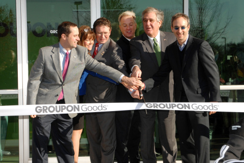 (Left to Right) Kentucky State Senator Chris McDaniel, Kentucky State Representative Addia Wuchner, U.S. Representative Thomas Massie, Judge-Executive Gary Moore, Kentucky Lieutenant Governor Jerry Abramson and Groupon CEO Eric Lefkofsky at the ribbon-cutting ceremony for Groupon's new warehouse, the Groupon Goods Fulfillment Center, in Hebron, Ky. Nov. 18, 2013. Photo by Rick Lucas.
