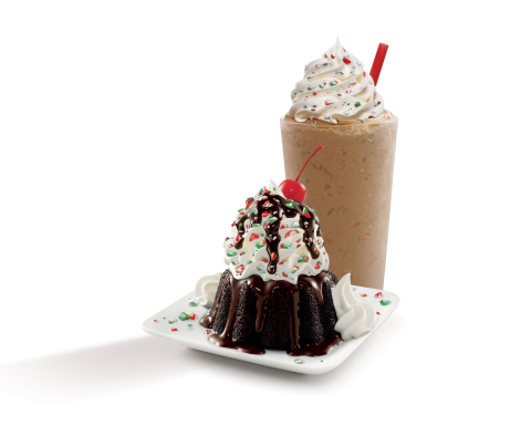 SONIC's Vanilla Holiday Mint(TM) Shake takes SONIC's hand-mixed Real Ice Cream Vanilla Shake and adds SONIC's crushed holiday mints, topped with whipped topping, more crushed mints and a cherry. The Chocolate Holiday Mint(TM) Molten Cake Sundae starts with SONIC's rich molten chocolate cake, filled with hot fudge and covered with Real Ice Cream, more hot fudge, SONIC's crushed holiday mints, whipped topping and a cherry. This instant classic is a holiday dessert with a side of dessert. (Photo: Business Wire)