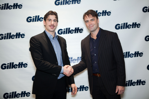 Gillette launched its Game Face campaign featuring Olympic hopeful John Tavares. Tavares (right) receives a good luck handshake for the Sochi 2014 Olympic Winter Games from 2002 Olympic gold medal winner and retired hockey star Curtis Joseph (left). (Photo: Business Wire)