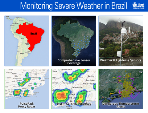 Earth Networks, as part of a public-private partnership with the National Institute for Space Research (INPE) and partner Simtech, has helped establish the Brazilian Total Lightning Network (BrasilDAT). Data from the lightning sensors enables PulseRad, a proxy radar product; automated Dangerous Thunderstorm Alerts (DTAs); and real-time observations and forecasts. (Graphic: Business Wire)