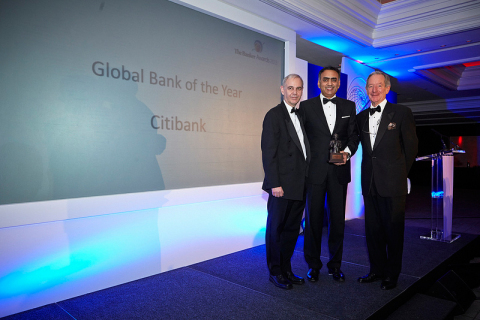 Naveed Sultan, Citi's Global Head of Treasury & Trade Services, accepts the "Global Bank of the Year" award from Brian Caplen (left), editor of The Banker, and Michael Buerk (right), a BBC journalist and the Master of Ceremonies for the evening. (Photo: Business Wire) 