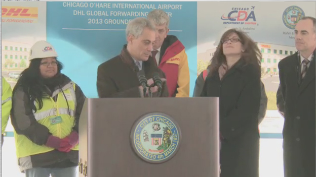 Chicago Mayor Rahm Emanuel and DHL Global Forwarding CEO for the U.S. Christoph Remund speak at the DHL Global Forwarding Chicago cargo center groundbreaking at the O'Hare International Airport on December 6.
