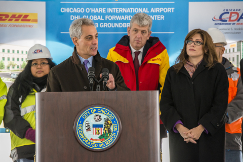 Chicago Mayor Rahm Emanuel speaks during the DHL Global Forwarding Chicago cargo center groundbreaking. To the right of the Mayor is Christoph Remund, DHL Global Forwarding CEO for the U.S. and Rosemarie Andolino, Commissioner, Chicago Department of Aviation. (Photo: Business Wire)