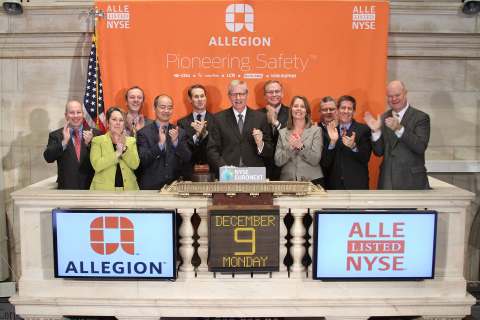 CEO, President and Chairman Dave Petratis and members of Allegion’s executive leadership team rang the Opening Bell® at the New York Stock Exchange (NYSE) in New York City today to celebrate one week as a standalone public company. (Photo: Business Wire)