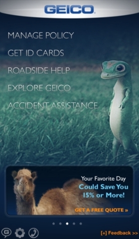 Screenshot featuring the main menu of the GEICO mobile app. (Graphic: Business Wire) 