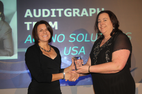 Mauricha Marcussen, CEO of Auditgraph, accepts an honor from TOPRA's Awards for Excellence in Regulatory Affairs for first place in the Communication category. (Photo: Business Wire)