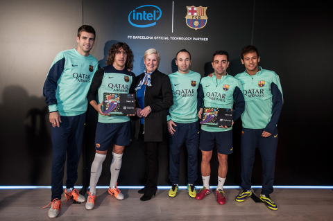 "It's more than a sponsorship to Intel," said Deborah Conrad, Intel chief marketing officer with Gerard Pique, Carles Puyol, Andres Iniesta, Xavi Hernandez, and Neymar Jr., FC Barcelona players at the Dec. 12 announcement of Intel becoming FC Barcelona's official technology partner. (Photo: Business Wire)