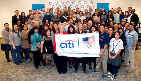 Citi San Antonio employees join U.S. Paralympic sled hockey player and Team Citi athlete Rico Roman at today's Citi Team USA Flag Tour event. (Photo: Sasha Haagensen)